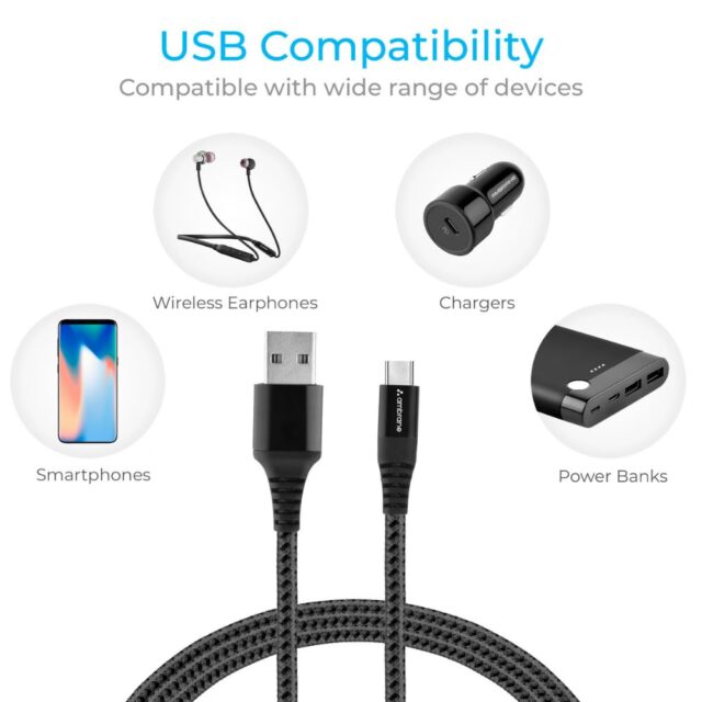 Ambrane Type C Cable 3A Fast Charging 1M Braided Cable for Smartphones, Tablets, Laptops & other Type C devices, 480Mbps Data Sync, Quick Charge 3.0 (RCT 10, Black) - Image 6