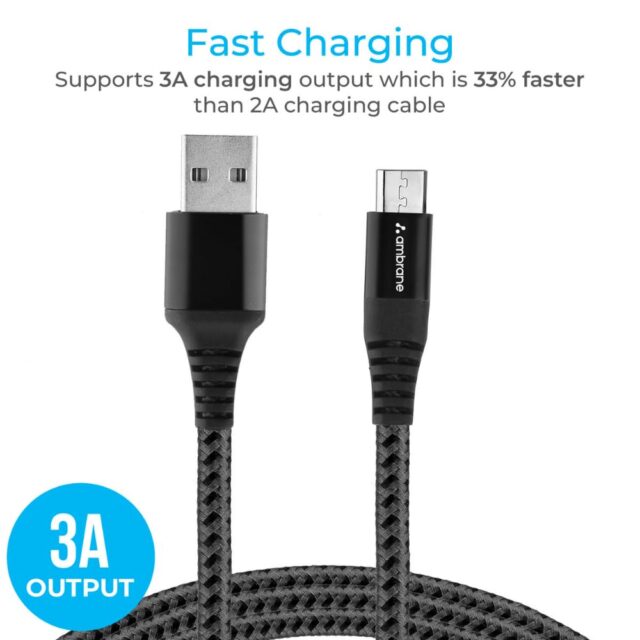 Ambrane Micro USB Cable 3A Fast Charging 1M Braided Cable for Smartphones, Tablets, Laptops & other Micro USB devices, 480Mbps Data Sync, Quick Charge 3.0 (RCM 10, Black) - Image 2