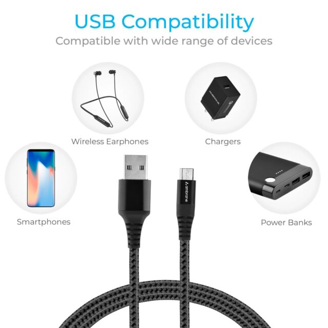 Ambrane Micro USB Cable 3A Fast Charging 1M Braided Cable for Smartphones, Tablets, Laptops & other Micro USB devices, 480Mbps Data Sync, Quick Charge 3.0 (RCM 10, Black) - Image 3