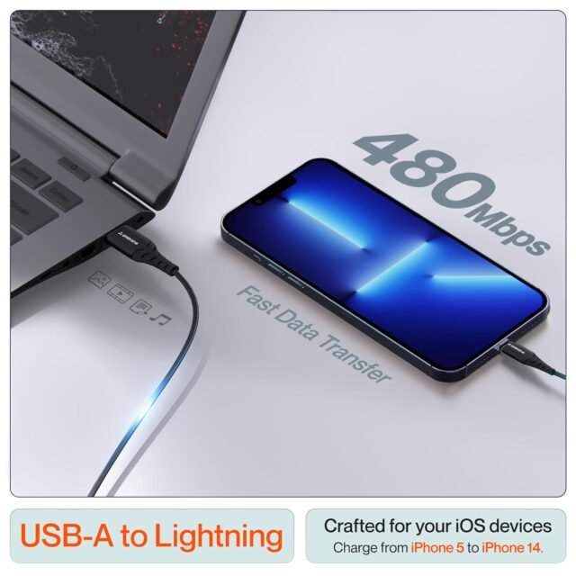 Ambrane USB to Lightning 3A Fast Charging Braided Cable Compatible for iPhone 14,13, 12,11, X, 8, 7, 6, 5, iPad, Macbook, iMac, AirPods, 480Mbps Data Sync, 1.5Meter Long (RCL -15, Black) - Image 4